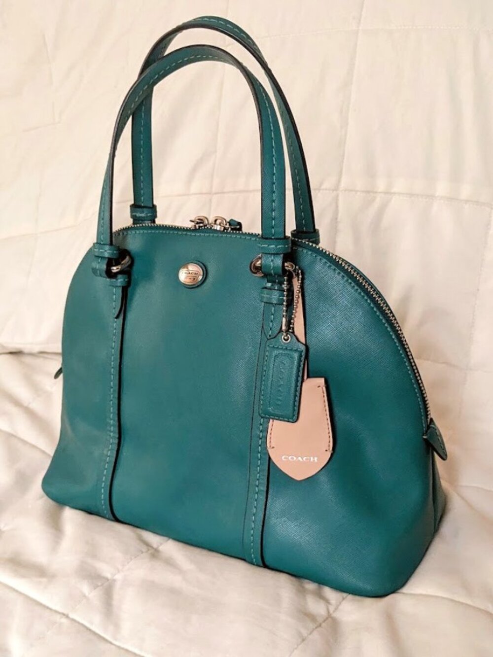 Coach Peyton Cora Domed Satchel Bag Handbag Crossbody Leather Jade Teal Green - Picture 2 of 8